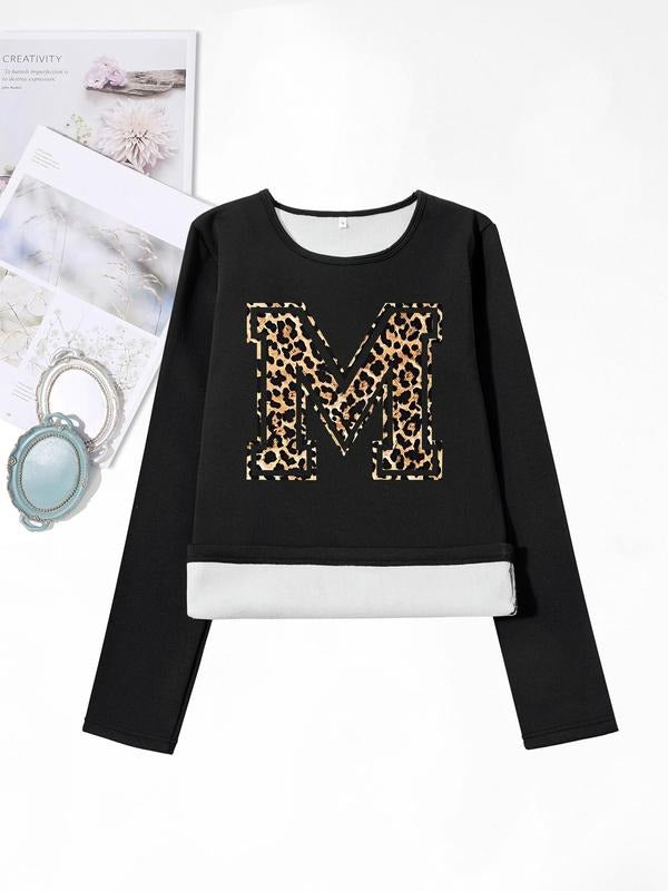 Women'WB shield Letter Print Round Neck TNF Lined T-shirts, Casual Long Sleeve Crew Neck T-shirts for Fall & Winter,...