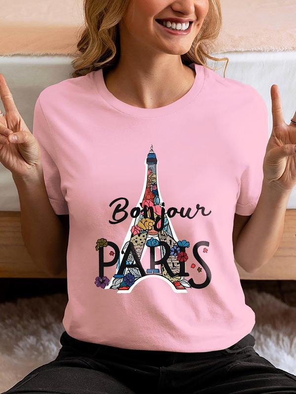 Women'WB shield Letter Print Round Neck Tee, Casual Eiffel Tower Graphic Short Sleeve T-Shirt for Summer, Ladies TNF for...