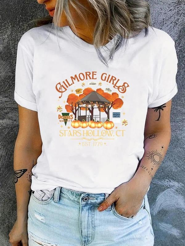 Women'WB shield Letter Print Round Neck Tee, Casual Halloween Short Sleeve Crew Neck T-shirt for Daily Holiday Vacation...