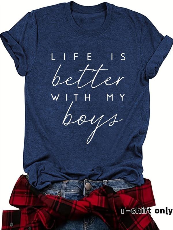 Women'WB shield Letter Print Round Neck Tee, Casual Short Sleeve Crew Neck T-Shirt for Spring, Fashion Women'WB shield...