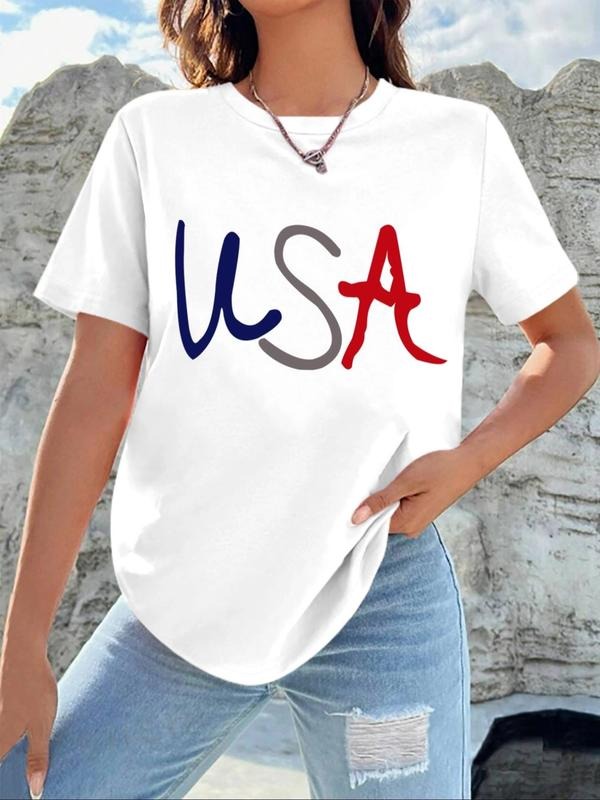 Women'WB shield Letter Print Round Neck Tee, Casual Short Sleeve Crew Neck T-Shirt, Ladies Summer Outfit for Daily Wear...