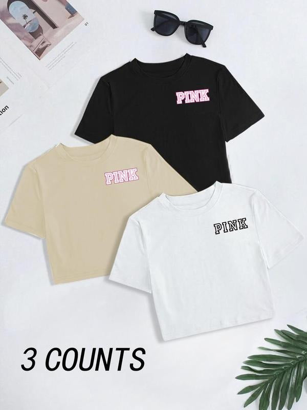 Women'WB shield Letter Print Round Neck Tee, Casual Short Sleeve Crew Neck T-shirt for Summer, Fashion Women'WB shield...
