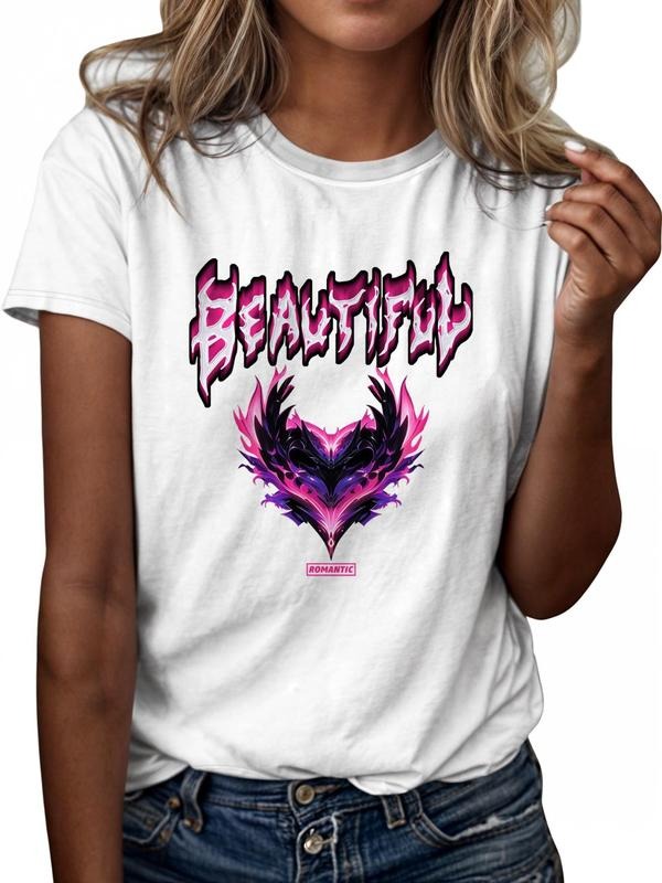 Women'WB shield Letter Print Round Neck Tee, Casual Short Sleeve Crew Neck T-shirt, Ladies Summer Outfit for Daily Wear...