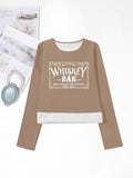 Women'WB shield Letter Print Round Neck Tee, Fashion Casual Crew Neck Long Sleeve T-shirt for Daily Holiday Vacation...