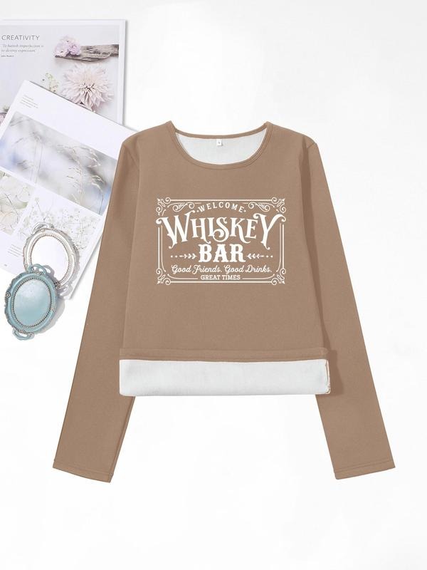 Women'WB shield Letter Print Round Neck Tee, Fashion Casual Crew Neck Long Sleeve T-shirt for Daily Holiday Vacation...