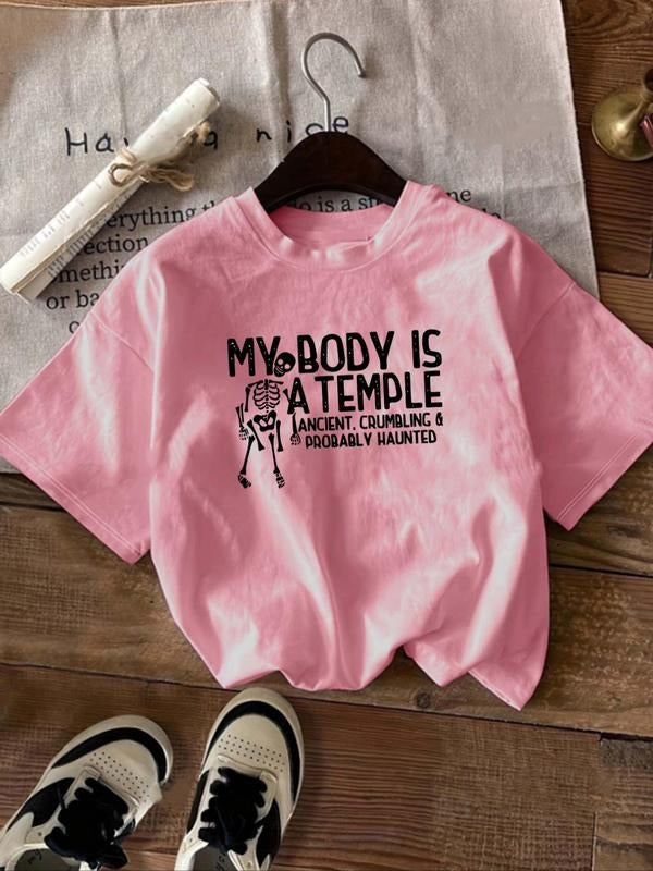 Women'WB shield Letter Print Round Neck Tee, Fashion Casual Crew Neck T-Shirt for Daily Holiday Vacation Outdoor Wear,...