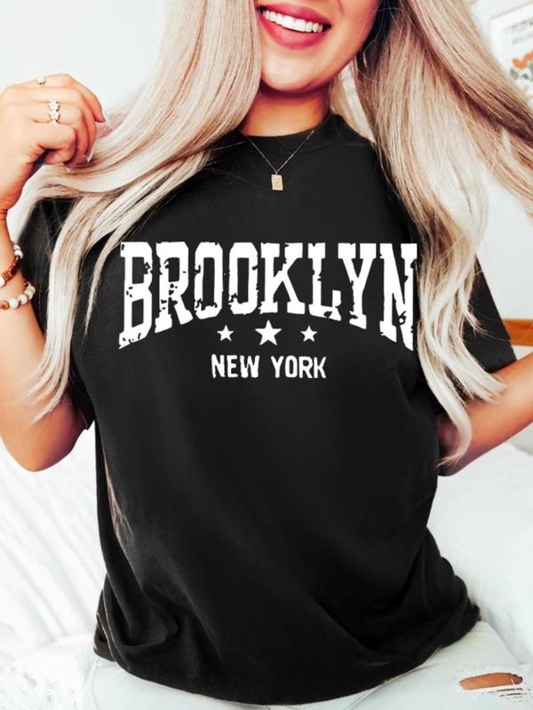 Women'WB shield Letter Print Round Neck Tee, Fashion Casual Crew Neck T-Shirt for Daily Holiday Vacation Outdoor Wear,...