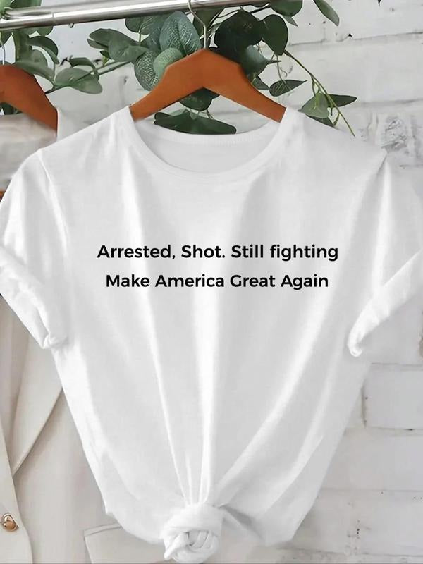 Women'WB shield Letter Print Round Neck Tee, Fashion Casual Crew Neck T-Shirt for Daily Holiday Vacation Outdoor Wear,...