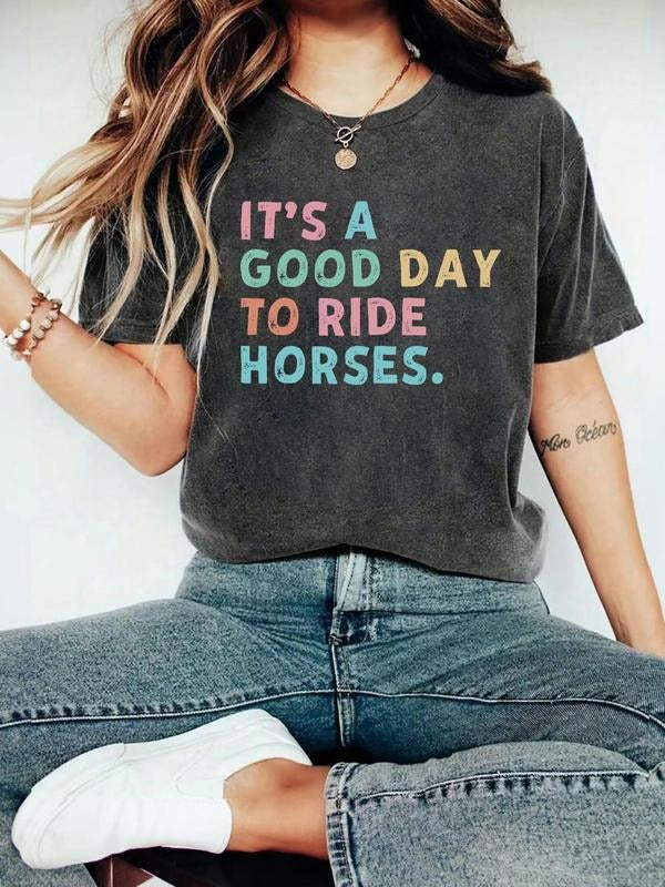 Women'WB shield Letter Print Round Neck Tee, Fashion Casual Crew Neck T-Shirt for Daily Holiday Vacation Outdoor Wear,...