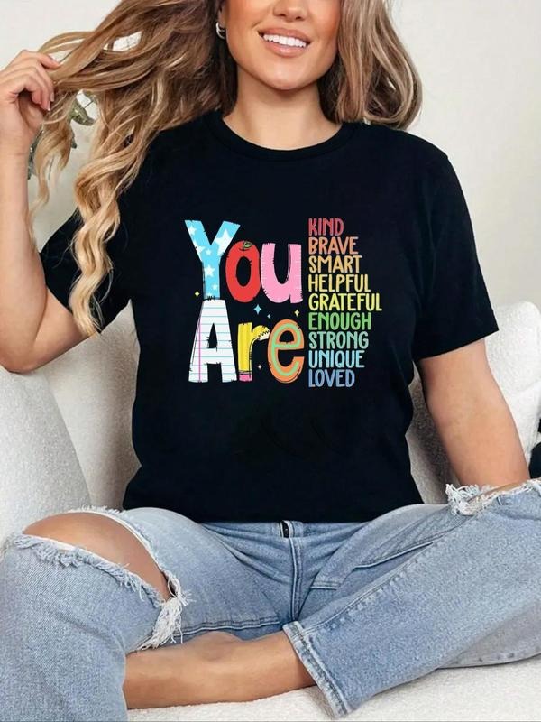Women'WB shield Letter Print Round Neck Tee, Fashion Casual Crew Neck T-Shirt for Daily Holiday Vacation Outdoor Wear,...