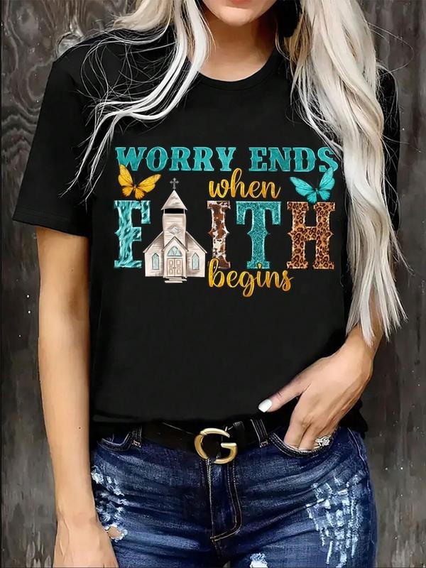 Women'WB shield Letter Print Round Neck Tee, Fashion Casual Crew Neck T-shirt for Daily Holiday Vacation Outdoor Wear,...