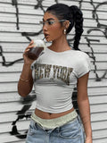 Women'WB shield Letter Print Round Neck Tee, Fashion Casual Crew Neck T-shirt for Daily Holiday Vacation Outdoor Wear,...