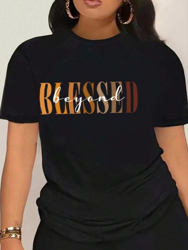 Women'WB shield Letter Print Round Neck Tee, Fashion Casual Crew Neck T-shirt for Daily Holiday Vacation Outdoor Wear,...