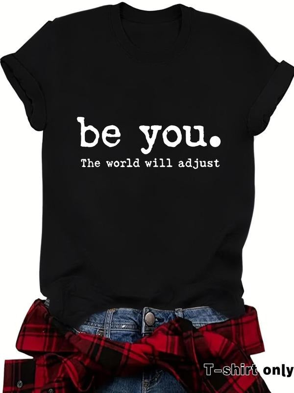 Women'WB shield Letter Print Round Neck Tee, Fashion Casual Crew Neck T-shirt for Daily Holiday Vacation Outdoor Wear,...