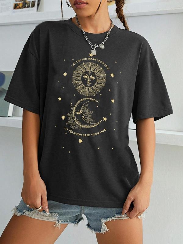 Women'WB shield Letter Print Round Neck Tee, Fashion Casual Crew Neck T-shirt for Daily Holiday Vacation Outdoor Wear,...