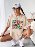 Women'WB shield Letter Print Round Neck Tee, Fashion Casual Graphic Drop Shoulder Half Sleeve T-Shirt for Daily Wear,...