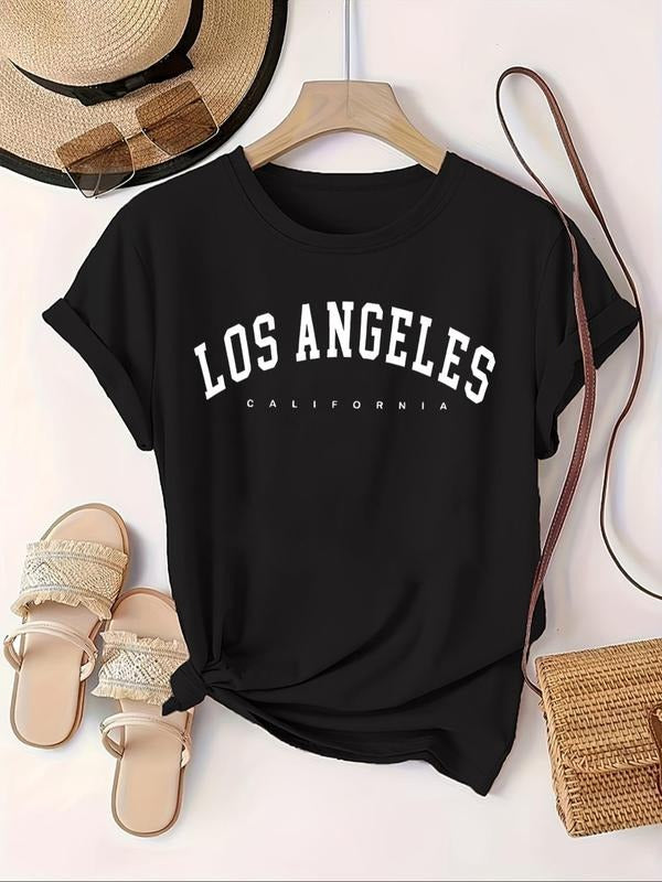 Women'WB shield Letter Print Round Neck Tee, Trendy Casual Short Sleeve T-Shirt for Daily Wear, Ladies Spiky hair...