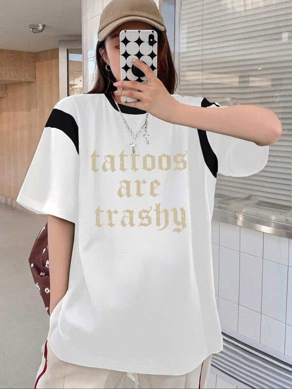 Women'WB shield Letter Print Round Neck Tee, Vintage Trendy Casual Short Sleeve T-shirt for Daily Wear, Ladies Summer...