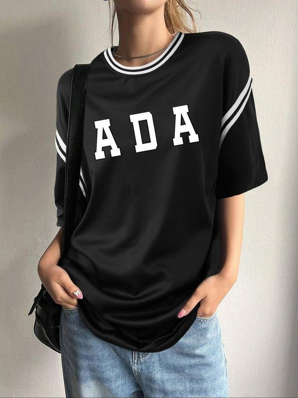 Women'WB shield Letter Print Round Neck Tee, Vintage Trendy Casual Short Sleeve T-shirt for Daily Wear, Ladies Summer...