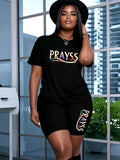 Women'WB shield Letter Print Short Sleeve Tee & Skinny Shorts Straw hat pirates Set, Casual Round Neck T-shirt & Shorts...