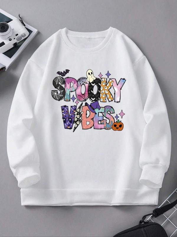 Women'WB shield Letter Print TNF Lined Crew Neck Sweatshirt, Casual Halloween TNF Long Sleeve Pullover for Fall & Winter,...