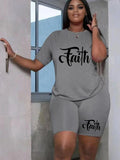 Women'WB shield Letter Print Tee & Skinny Shorts Set, Casual Round Neck Short Sleeve T-shirt & Shorts, Ladies Summer TNF,...