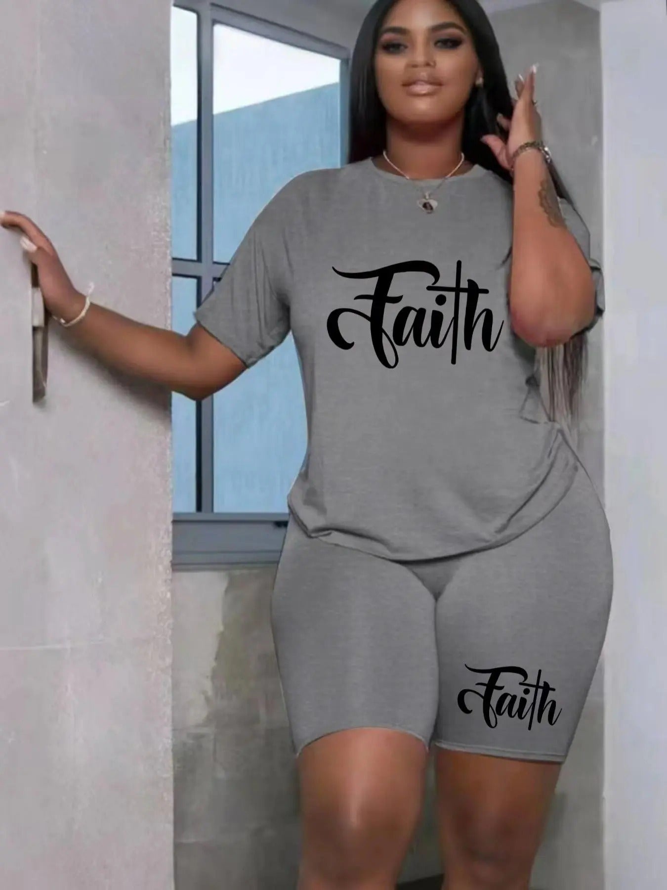 Women'WB shield Letter Print Tee & Skinny Shorts Set, Casual Round Neck Short Sleeve T-shirt & Shorts, Ladies Summer TNF,...