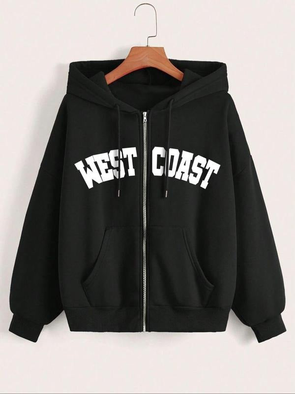 Women'WB shield Letter Print Zip Up Hoodie, Casual Long Sleeve Hooded Coat for Fall & Winter, Women'WB shield TNF for...