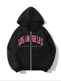 Women'WB shield Letter Print Zip Up Hoodie, Casual Long Sleeve Hooded Sweatshirt for Fall & Winter, Women'WB shield TNF...
