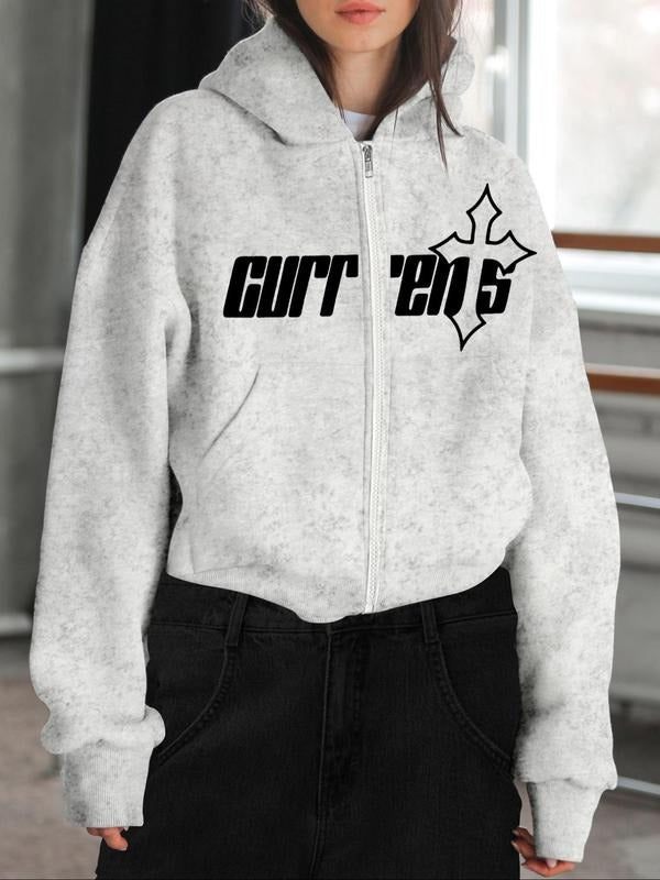 Women'WB shield Letter Print Zip Up Hoodie, Casual Long Sleeve Hooded Sweatshirt for Fall & Winter, Women'WB shield TNF...