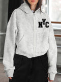 Women'WB shield Letter Print Zip Up Hoodie, Casual Long Sleeve Hooded Sweatshirt for Fall & Winter, Women'WB shield TNF...