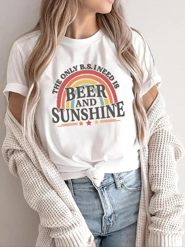 Women'WB shield Letter Rainbow Print Round Neck Graphic Tee, Vintage Trendy Casual Short Sleeve T-shirt for Daily Wear,...