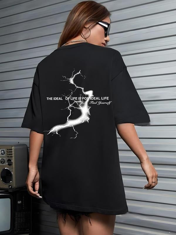 Women'WB shield Lightning & Letter Graphic Print Round Neck Tee, Fashion Casual Drop Shoulder Short Sleeve T-shirt for...