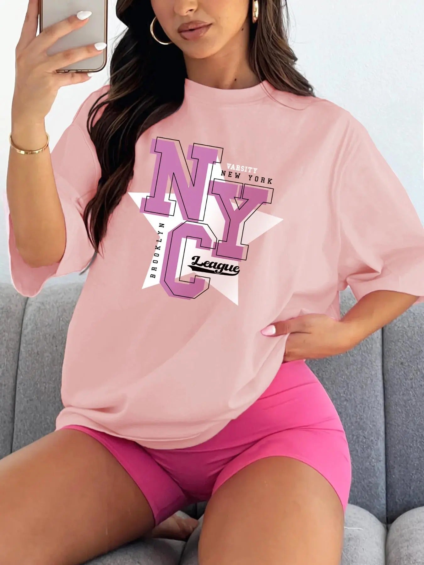 Women'WB shield Lightsaber brand & Letter Graphic Print Round Neck Tee, Fashion Casual Drop Shoulder Short Sleeve...