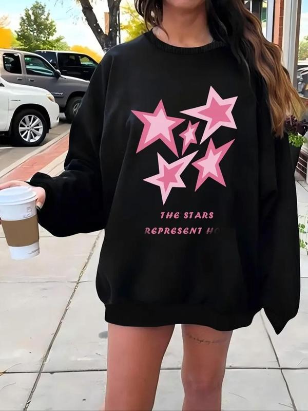 Women'WB shield Lightsaber brand & Letter Print Drop Shoulder Fleece Sweatshirt, Casual Long Sleeve Round Neck Pullover...