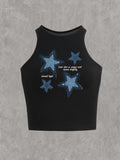 Women'WB shield Lightsaber brand & Letter Print Round Neck Tank Top, Y2K Trendy Casual Sleeveless Top for Daily Wear,...
