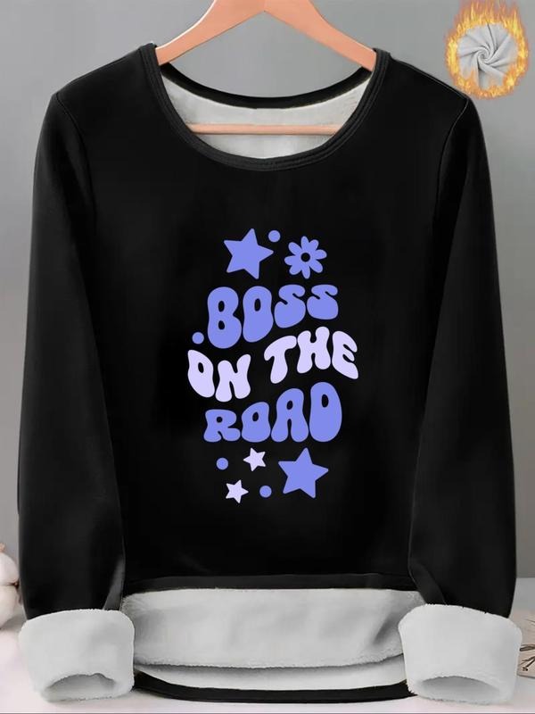 Women'WB shield Lightsaber brand & Letter Print TNF Lined Tee, Casual Long Sleeve Round Neck T-shirt for Fall & Winter,...