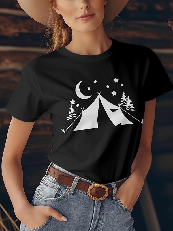 Women'WB shield Lightsaber brand & Moon & Tent Print Round Neck Tee, Vintage Trendy Casual Short Sleeve T-shirt for Daily...