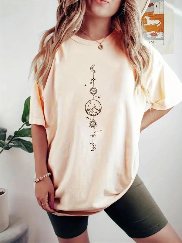 Women'WB shield Lightsaber brand & Moon Print Drop Shoulder Tee, Casual Half Sleeve Round Neck T-shirt for Summer, Ladies...