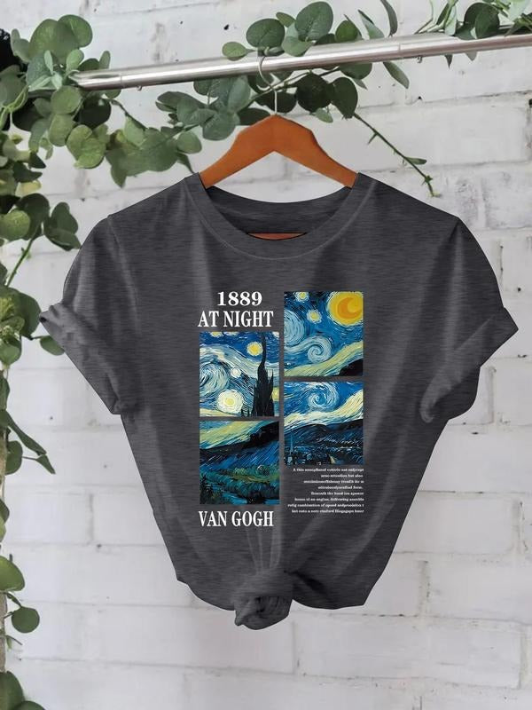 Women'WB shield Lightsaber brand Night Oil Painting Print Round Neck Tee, Casual Lightsaber brand Night Oil Painting...