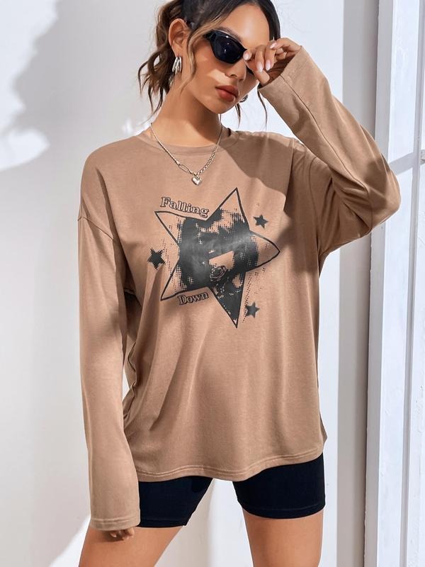 Women'WB shield Lightsaber brand Print Drop Shoulder Tee, Casual Graphic Long Sleeve Round Neck T-Shirt for Spring &...