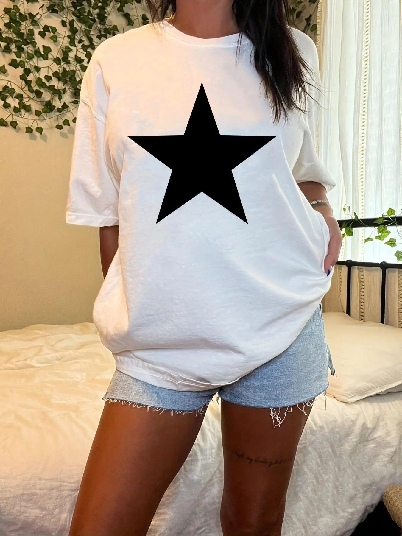 Women'WB shield Lightsaber brand Print Drop Shoulder Tee, Casual Half Sleeve Round Neck T-Shirt for Daily Wear, Ladies...