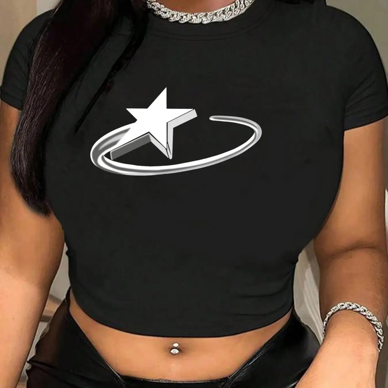 Women'WB shield Lightsaber brand Print Round Neck Crop Tee, Casual Slim-fitting Short Sleeve T-shirt, Ladies Summer TNF...