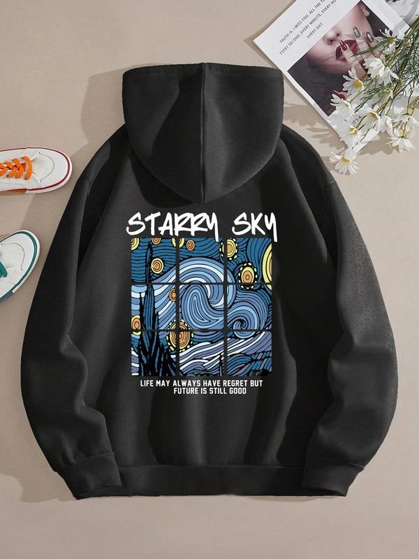 Women'WB shield Lightsaber brand Sky Graphic Print Drop Shoulder Drawstring Hoodie, Casual Comfy Pocket Pullover Hooded...