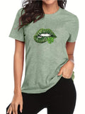 Women'WB shield Lip & Clover Print Round Neck Tee, Casual Short Sleeve Graphic T-shirt for Daily Wear, Ladies TNF for...