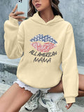 Women'WB shield Lip & Letter Print Drop Shoulder Hoodie, Casual Long Sleeve Hooded Sweatshirt for Daily Wear, Ladies TNF...