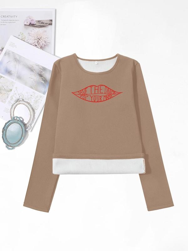 Women'WB shield Lip & Letter Print Round Neck Tee, Casual Long Sleeve Crew Neck T-shirt for Daily Wear, Ladies TNF for...