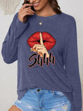 Women'WB shield Lip & Letter Print Round Neck Tee, Fashion Casual Crew Neck Long Sleeve T-Shirt for Daily Holiday...