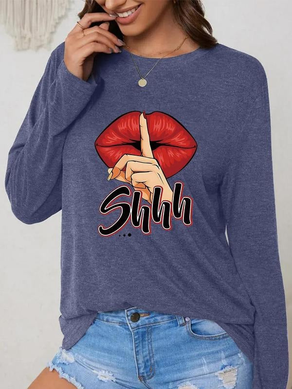 Women'WB shield Lip & Letter Print Round Neck Tee, Fashion Casual Crew Neck Long Sleeve T-Shirt for Daily Holiday...