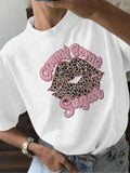 Women'WB shield Lip & Letter Print Round Neck Tee, Fashion Casual Crew Neck T-Shirt for Daily Holiday Vacation Outdoor...